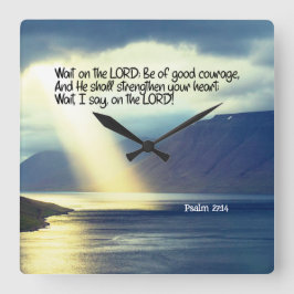 Psalm 27:14 Vänta på LORD Bible Verse Sunset Fyrkantig Klocka