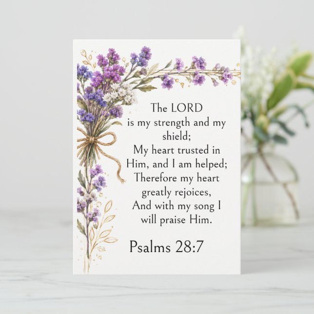 Psalm 28:7 Bibelvers, Lila Lavendel Blommig Konst Inbjudningar (Stående Fram)