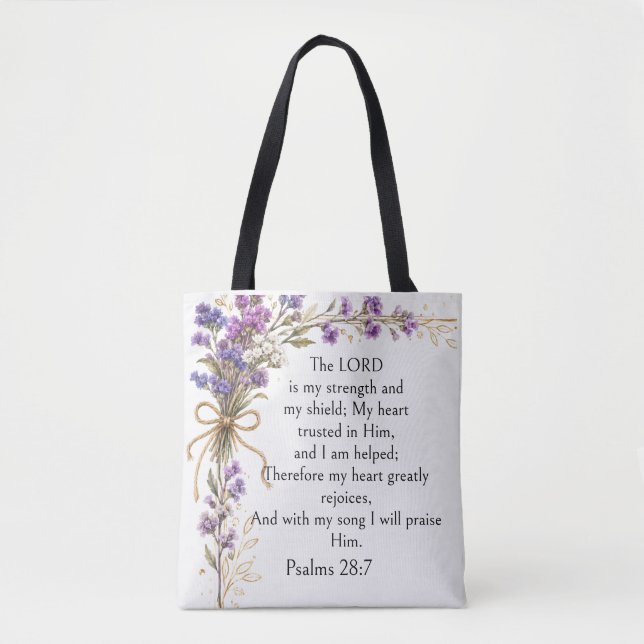 Psalm 28:7 Bibelvers, Lila Lavendel Blommig Konst Tygkasse (Framsida)