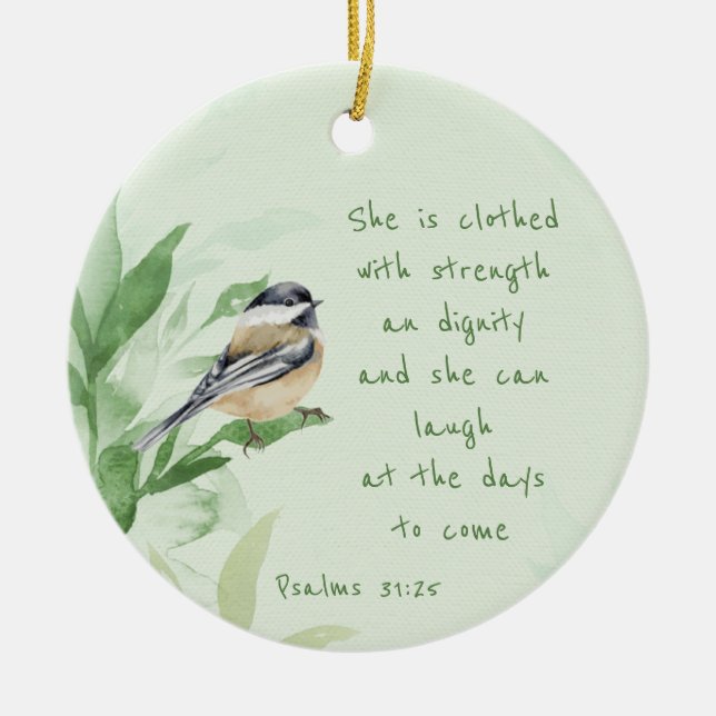 Psalm 31:25 Hon är klädd med styrkeskript Julgransprydnad Keramik (Framsidan)