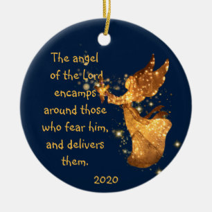 Psalm 34:7 Angel på Lord Encamps på runt Squar Julgransprydnad Keramik