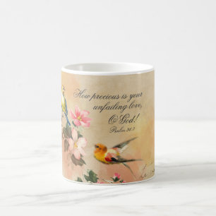 Psalm 36:7 Bibelverse, Vintage fåglar och blommor Kaffemugg