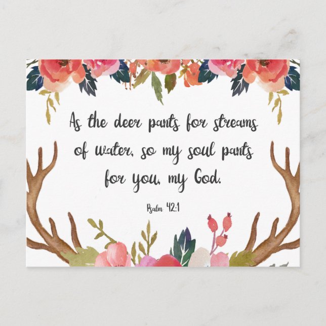 Psalm 42:1, Blommigt Antlers Bible Verse Postcard Vykort (Framsida)