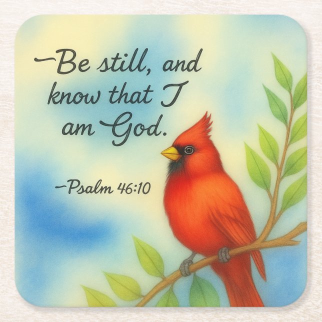 Psalm 46:10 Be Still Red Cardinal Scripture Nature Underlägg Papper Kvadrat (Framsidan)