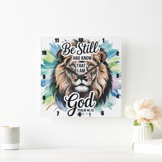 Psalm 46:10 Majestic Lejon Inspirational Faith Fyrkantig Klocka (Hem)
