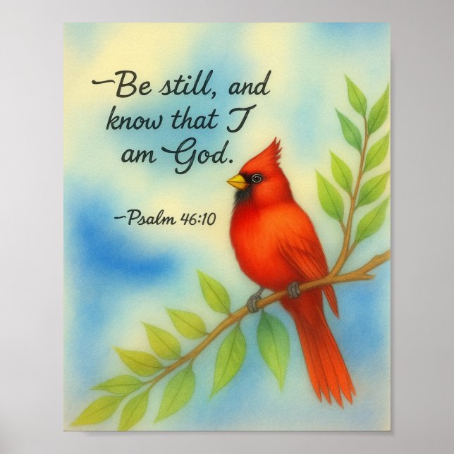 Psalm 46:10 Var Still Röd Kardinal Skrift Natur Poster (Framsidan)