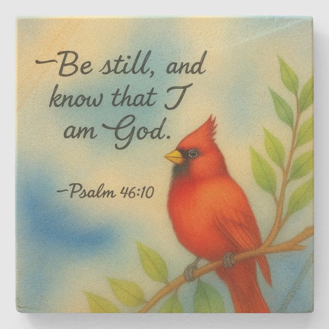 Psalm 46:10 Var Still Röd Kardinal Skrift Natur Stenunderlägg (Framsidan)