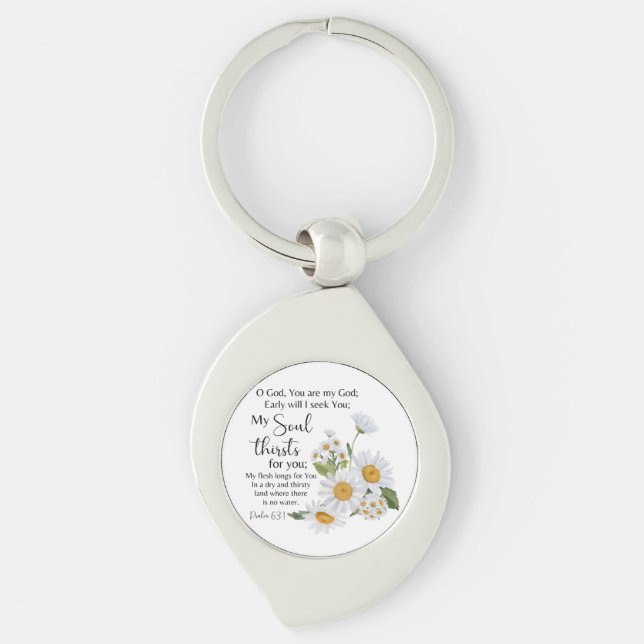 Psalm 63:1 Bible Scripture Chamomile Flowers Swirl Silverfärgad Nyckelring (Framsidan)