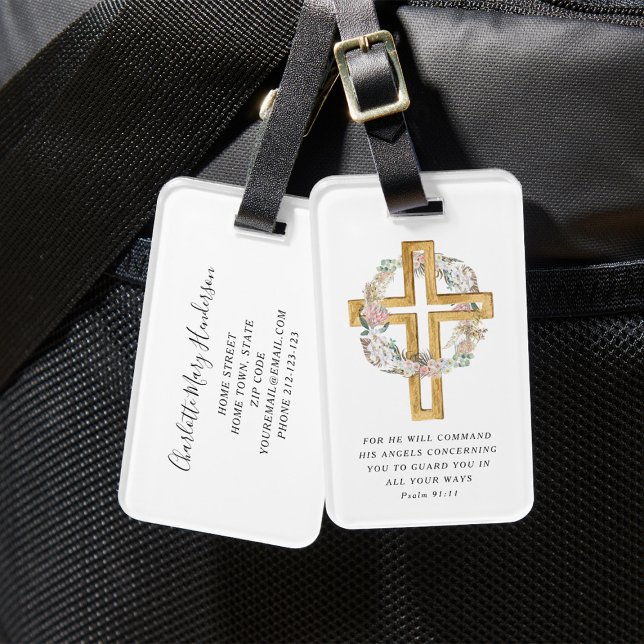 Psalm 91:11 Bibelns Religiösa Utandning Kor Bagagebricka (Psalm 91:11 Bible Verse Religious Wreath Cross Luggage Tag)