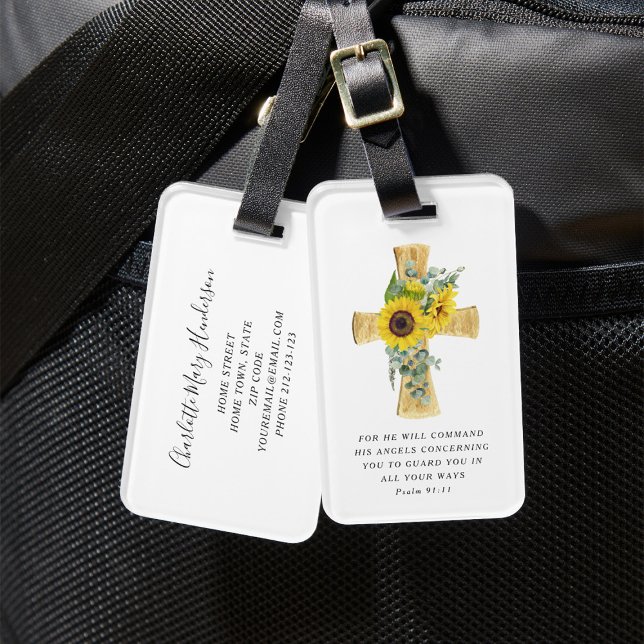 Psalm 91:11 Bibelvers Religiösa Solrosor Kors Bagagebricka (Psalm 91:11 Bible Verse Religious Sunflowers Cross Luggage Tag)
