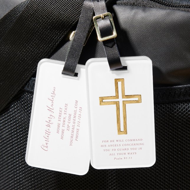 Psalm 91:11 Bible Verse Religiösa Kor Rosa Scrip Bagagebricka (Psalm 91:11 Bible Verse Religious Cross Pink Scrip Luggage Tag)