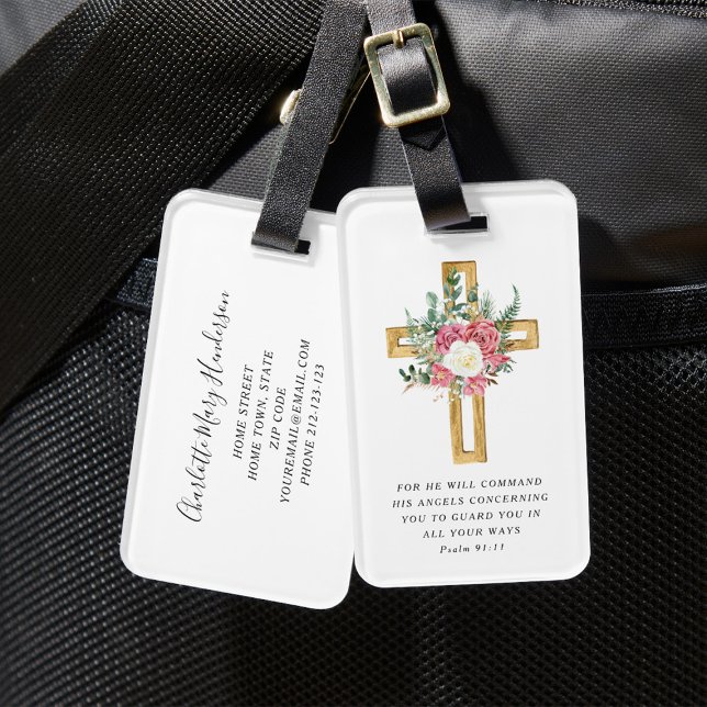 Psalm 91:11 Bible Verse Religiösa Peonies Kor Bagagebricka (Psalm 91:11 Bible Verse Religious Peonies Cross Luggage Tag)