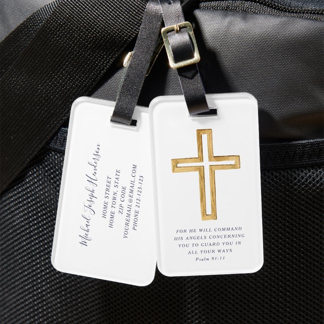Psalm 91:11 Blått skript för Blått Religiösa Kor Bagagebricka (Psalm 91:11 Bible Verse Religious Cross Blue Scrip Luggage Tag)