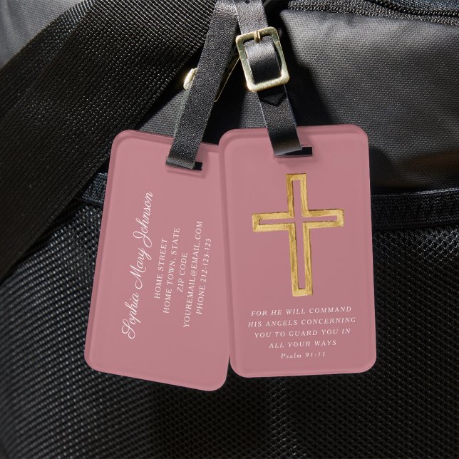 Psalm 91:11 Lycklig Resa Rosa Religiöst Kors Bagagebricka (Psalm 91:11 Blessed Travel Pink Religious Cross Luggage Tag)