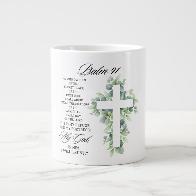 Psalm 91:1-2 Religiöst kors Grönska Bibelvers Jumbo Mugg (Framsidan)