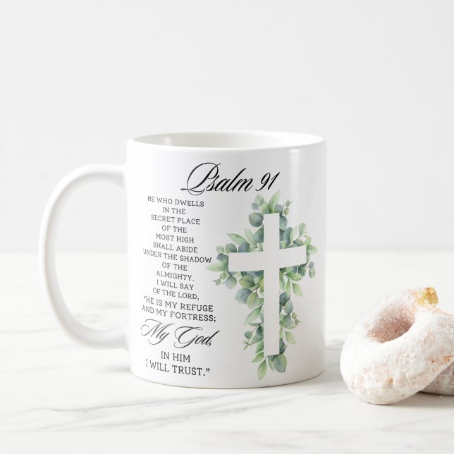 Psalm 91:1-2 Religiöst kors grönska Bibelvers Kaffemugg (Med munk)