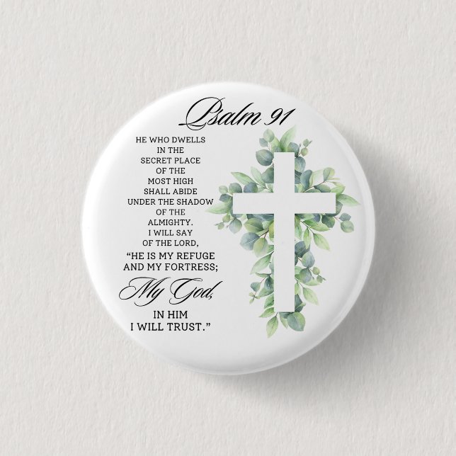 Psalm 91:1-2 Religiöst kors Grönska Bibelvers Knapp (Framsida)