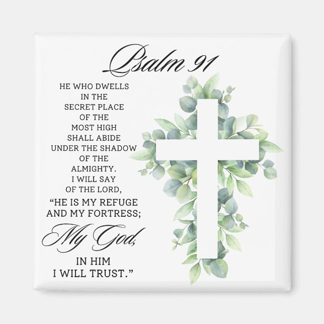 Psalm 91:1-2 Religiöst kors grönska Bibelvers Magnet (Framsidan)