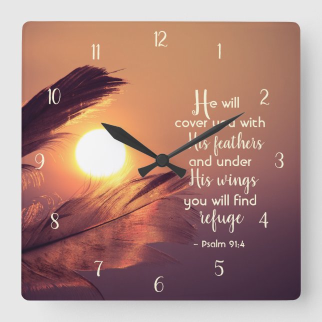 Psalm 91:4 Han täcker dig med hans fjädrar Fyrkantig Klocka (Framsida)