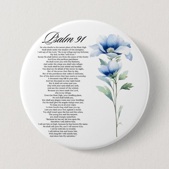 Psalm 91 Akvarell Blå Blomma Bibel Skrifter Knapp (Framsida)