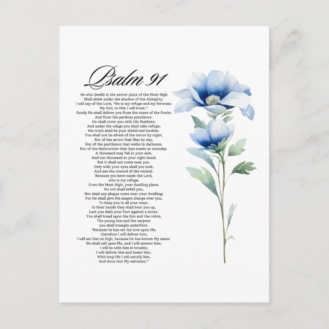 Psalm 91 Blåblommiga bibelskript med vattenfärg Vykort (Framsida)