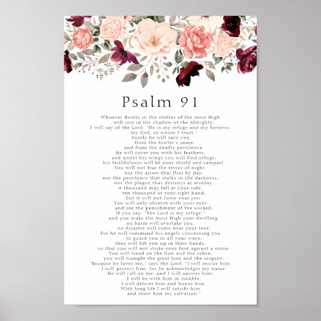 Psalm 91 Burgundy  Blommigt för skriptburgundi Poster (Framsidan)