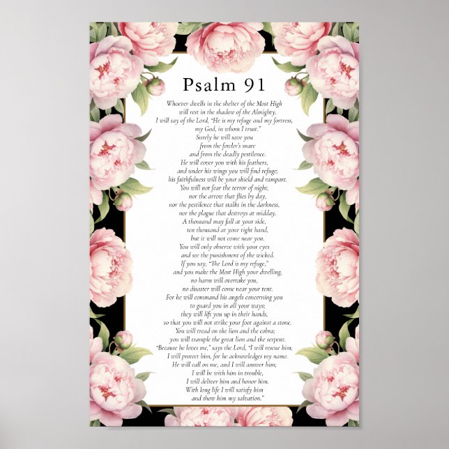 Psalm 91 Scripture Bible Verse Floral Blush Black Poster (Framsidan)
