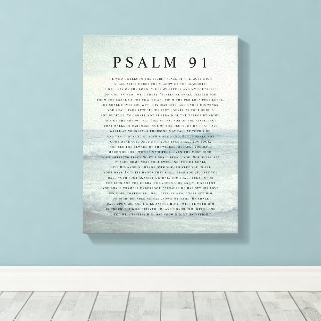 Psalm 91 Scripture Soft Aqua Blue Calm Beach Canvastryck (Insitu (trägolv))