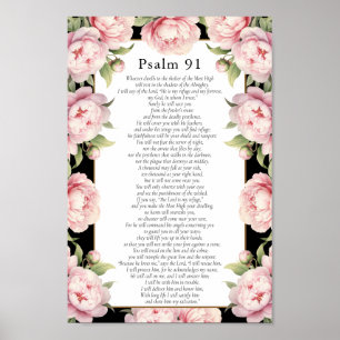 Psalm 91 Skrift Bibelvers Floral Rosenskär Svart Poster