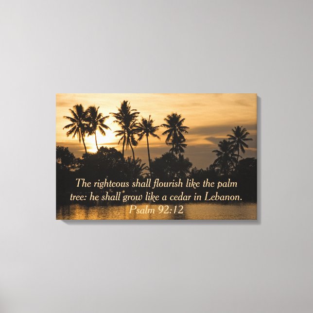 Psalm 92:12 Handflatan Träd Vatten Solnedgång Bibe Canvastryck (Framsida)