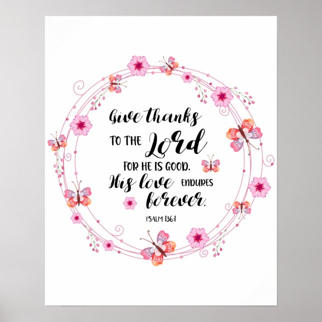 Psalms Bible Verse Christian Ge Tack Blommigt Poster (Framsidan)