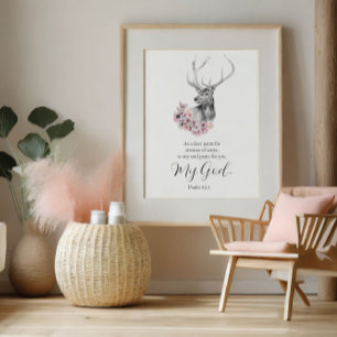 Psalms Watercolor Hjort with Flowers Poster