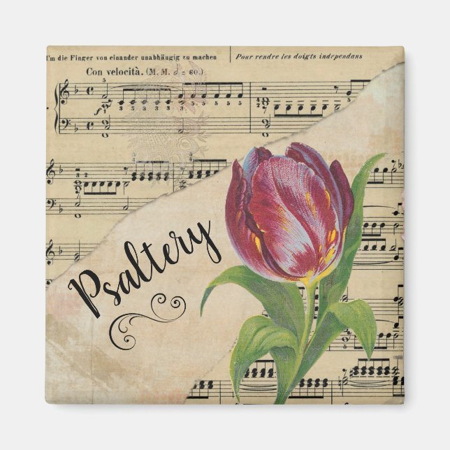 Psaltery Elegant Tulip Vintage Lakan Music Magnet (Framsidan)