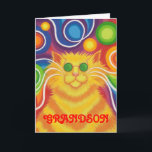 Psy-cat-delic "Grandson" Groovy-födelsedagskort Kort<br><div class="desc">Groovy baby! En gult och orange strimlade katt med snurrande whisky och en psykodelisk regnbågsmönstrad bakgrund. Hälsning-kort med gult,  orange,  rött,  blått,  grönt,  rosa,  lila och vitt anpassade som du kan anpassa med din egen text,  bilder och dina idéer.En digitalt utökad färgpenna teckning från Jess Perry.</div>