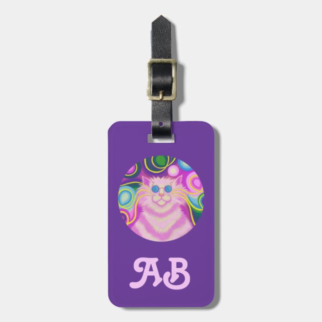 Psy-cat-delic Rosa Round 'initialer bagagets lila Bagagebricka (Vertikal Framsida)