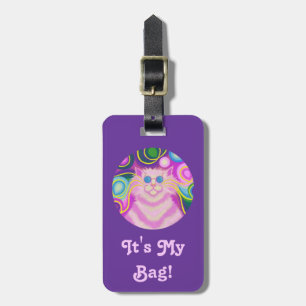 Psy-cat-delic Rosa Round 'text' bagagetagg lila Bagagebricka
