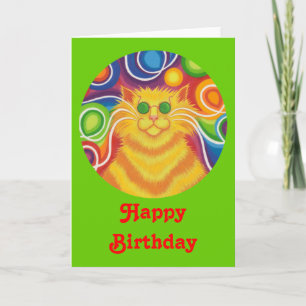 Psy-cat-delic round 'Grattis på födelsedagen' card Kort