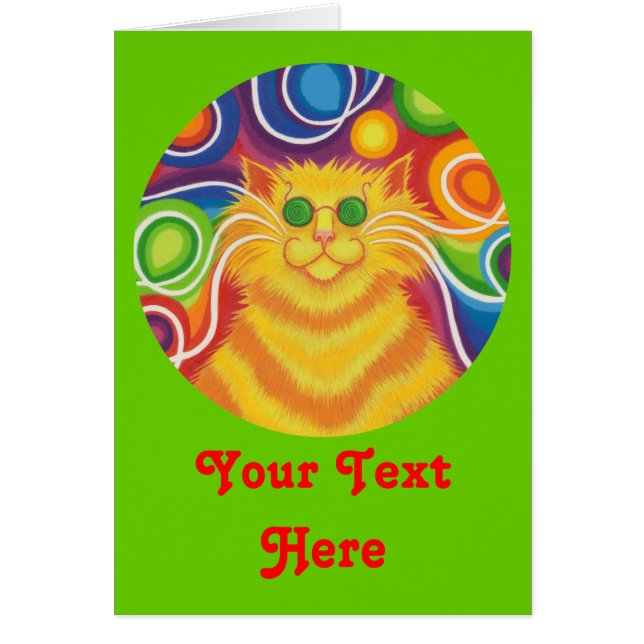 Psy-cat-delic round 'Your Text' Card-grönt Hälsningskort (Framsidan)
