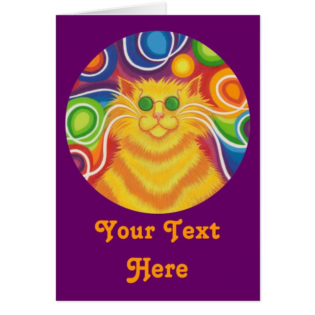 Psy-cat-delic round 'Your Text' Card-lila Hälsningskort (Framsidan)
