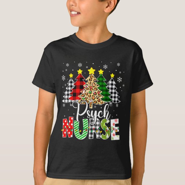 Psych Nurse Xmas Tree Leopard Red Plaid Christmas  T Shirt (Framsida)