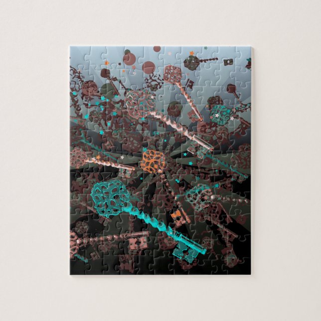 Psychadeliskt steampunk nycklar, strålar, mörk ret pussel (Vertikal)
