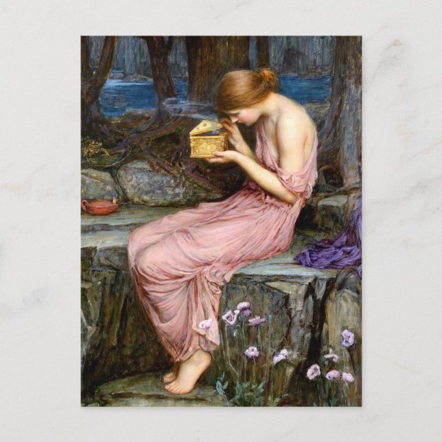 Psyche som öppnar Golden Box Waterhouse Painting Vykort (Framsida)