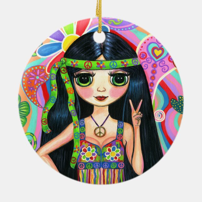 Psychedelic 60-tal för fredstecken för julgransprydnad keramik (Baksidan)