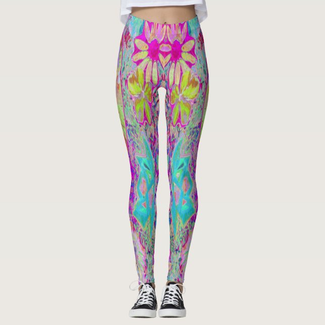 Psychedelic Abstrakt Magenta och Aqua Garden Art Leggings (Framsida)