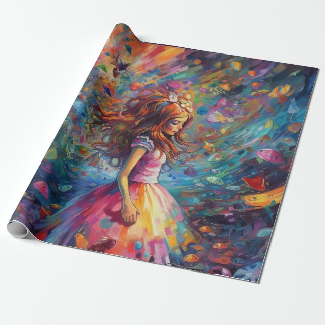 Psychedelic Alice in wonderland Young Girl Theme Presentpapper (Utrullad)