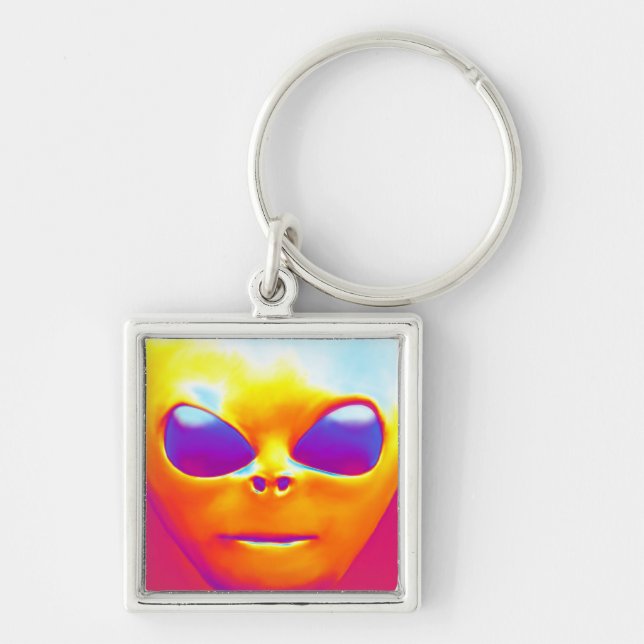 Psychedelic Alien Fyrkantig Silverfärgad Nyckelring (Framsidan)