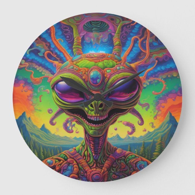 Psychedelic Alien Porträtt Stor Klocka (Framsida)