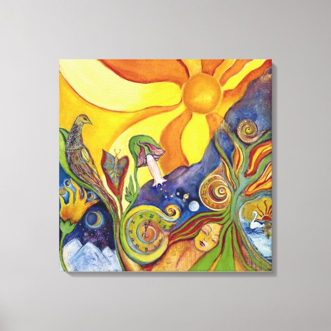 Psychedelic Art - 60s -Hippie Woman - Sun Birds Canvastryck (Framsida)