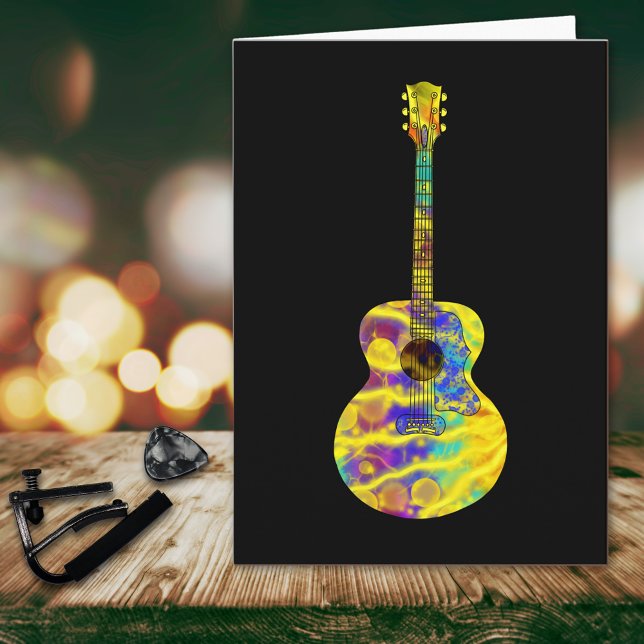 Psychedelic Art Acoustic Guitar Musical Instrument Kort (Funky psychedelic acoustic guitar birthday greetings card)