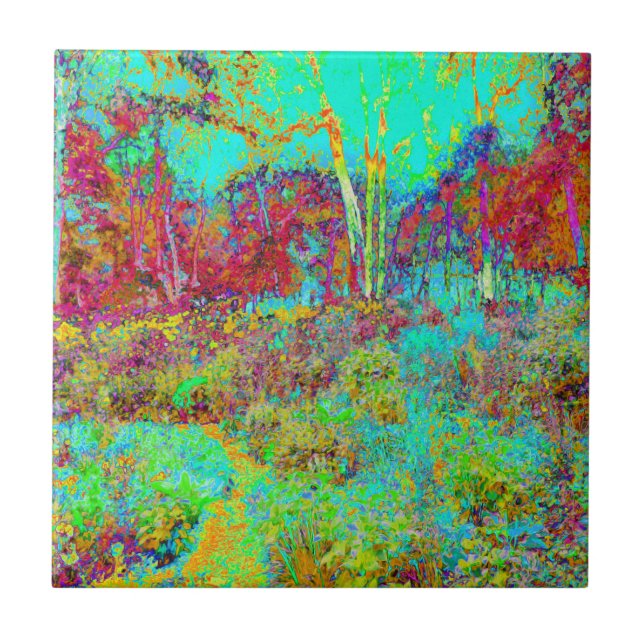 Psychedelic Autumn Guld och Aqua Garden Ligcape Kakelplatta (Framsidan)